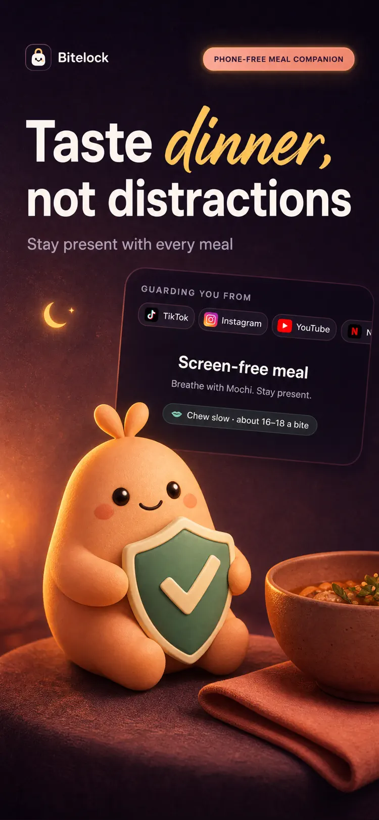 BiteLock home screen showing Mochi and the option to start a meal