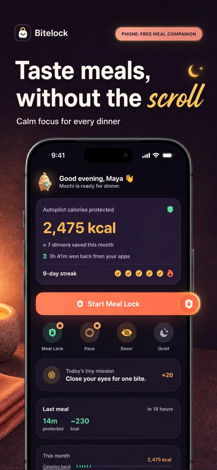 A meal in progress without the scroll, showing blocked apps