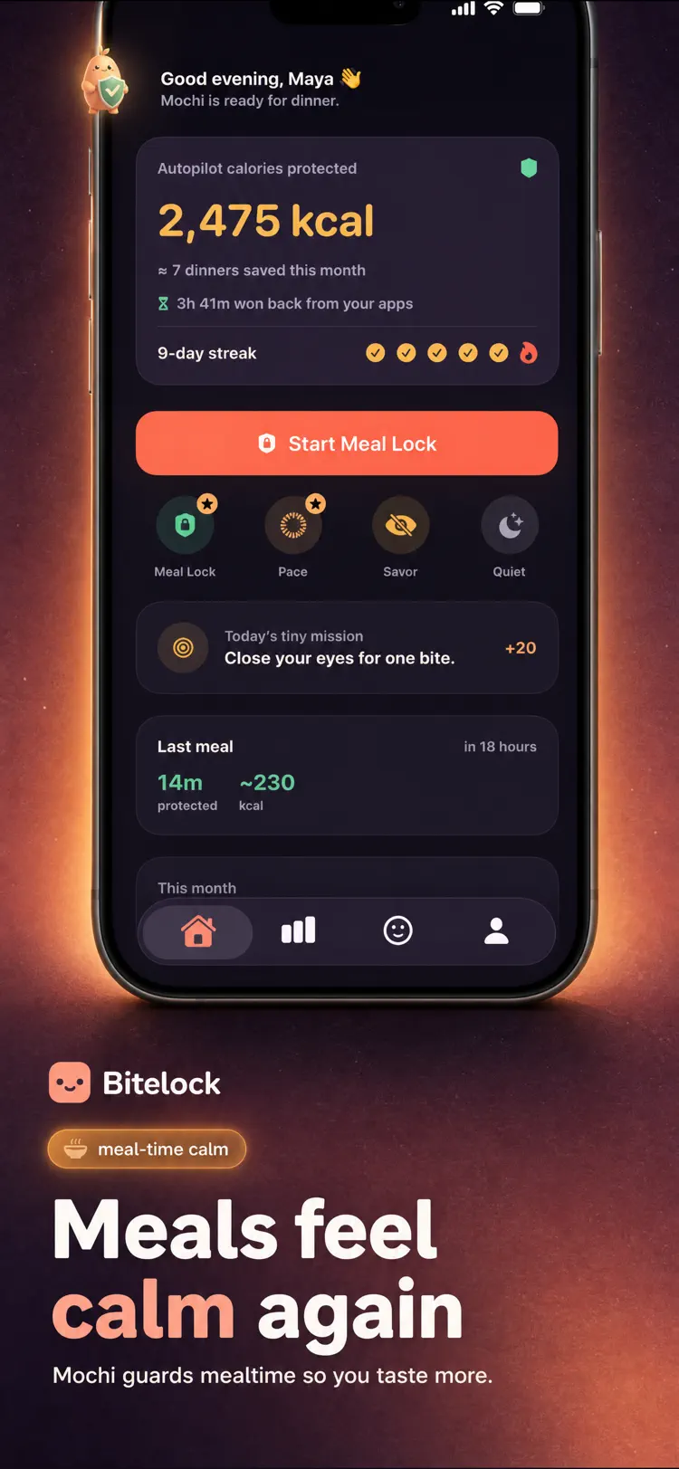 Calm meal screen with pace guidance